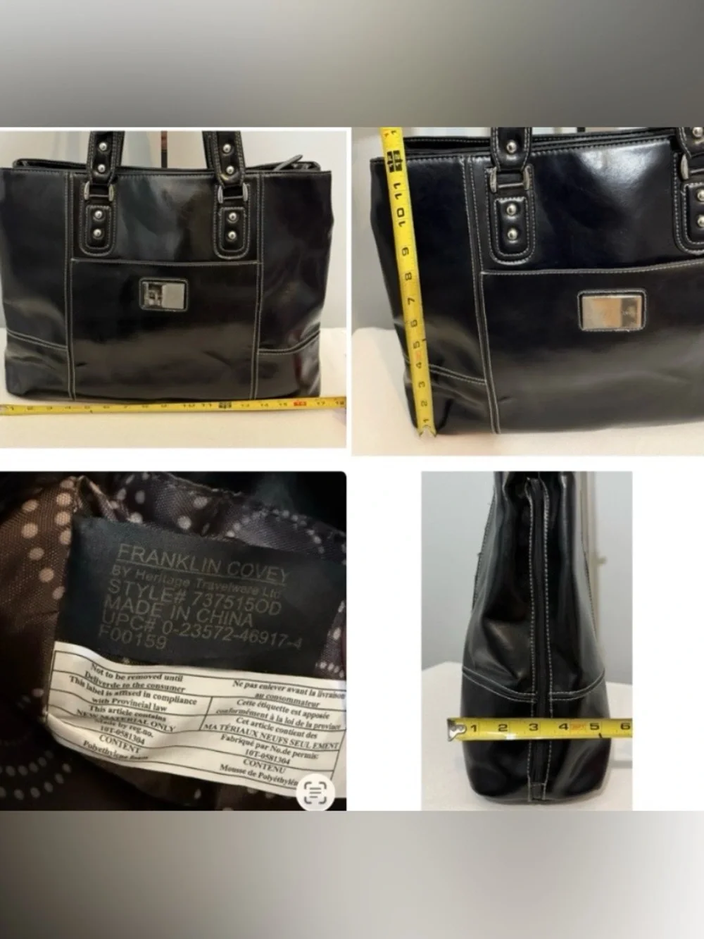 Franklin Covey Laptop Bag Tote Purse Black Patent Faux Leather Briefcase